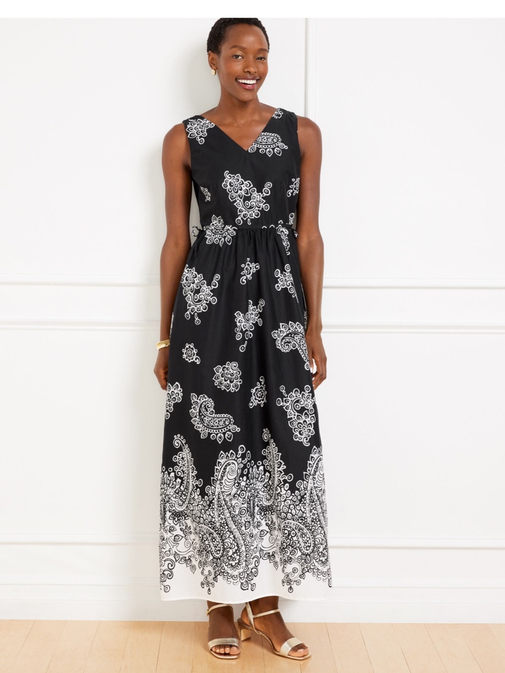 Talbots Black and White Paisley V‑Neck Maxi Dress